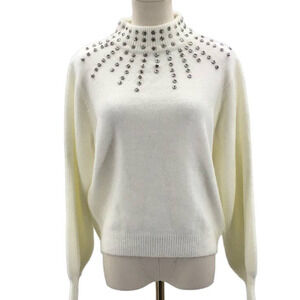 LUSH M  Ivory Cream Embellished Mock Collar Long Sleeve Pullover Sweater NWT B49